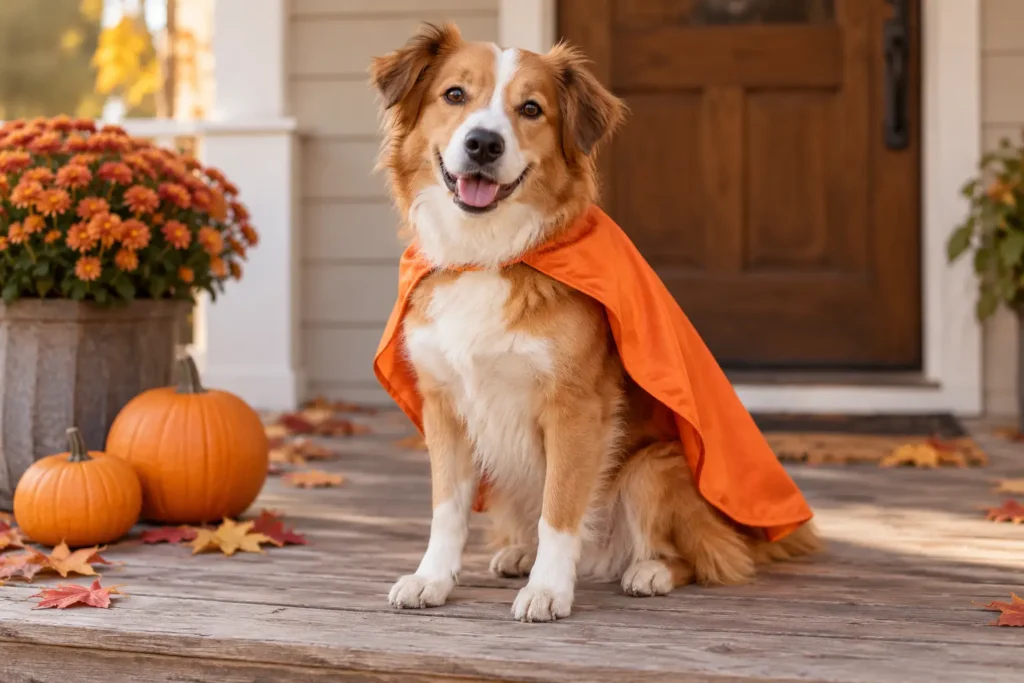 Dog wearing a simple Halloween costume beside autumn pumpkins.