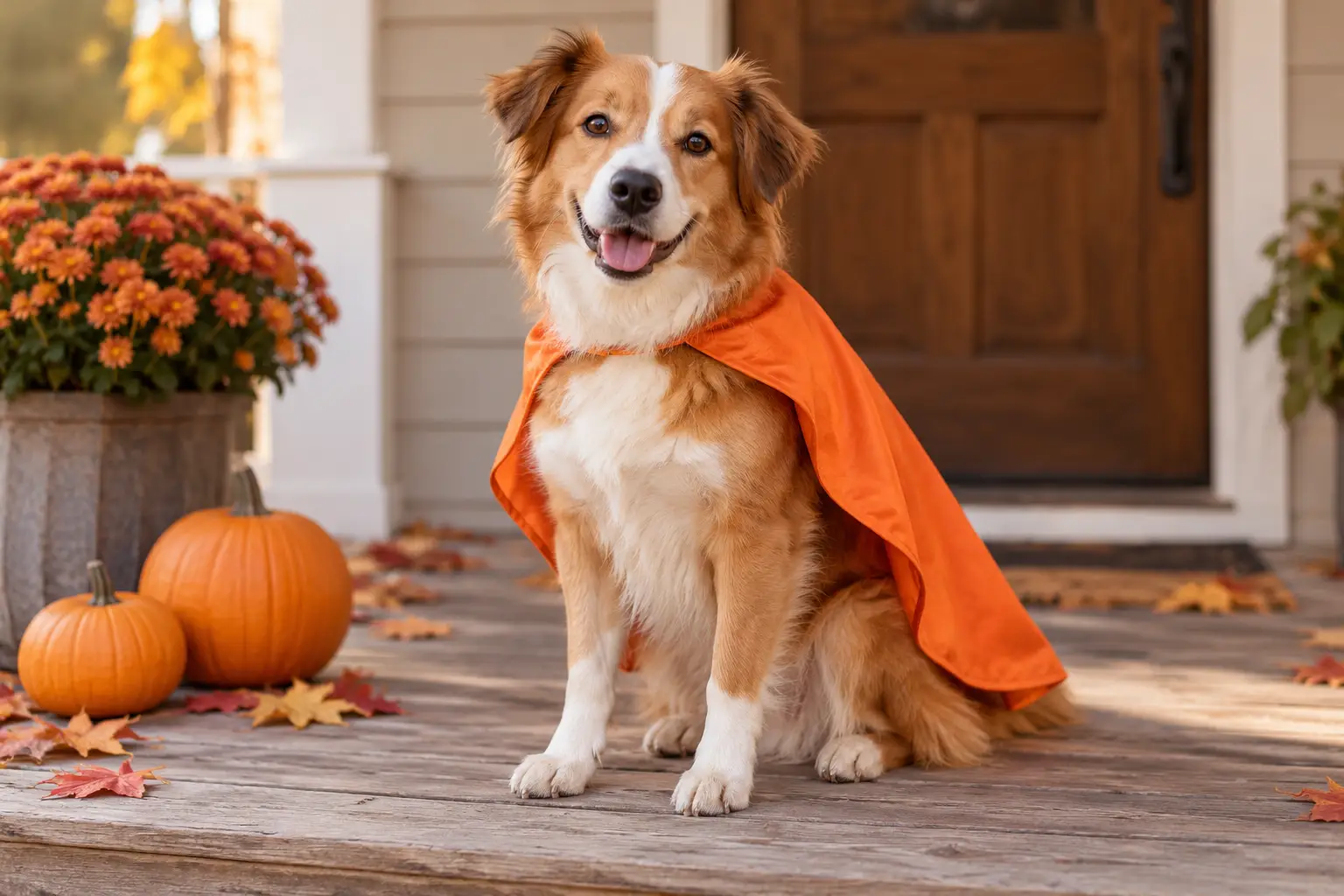 Dog wearing a simple Halloween costume beside autumn pumpkins.
