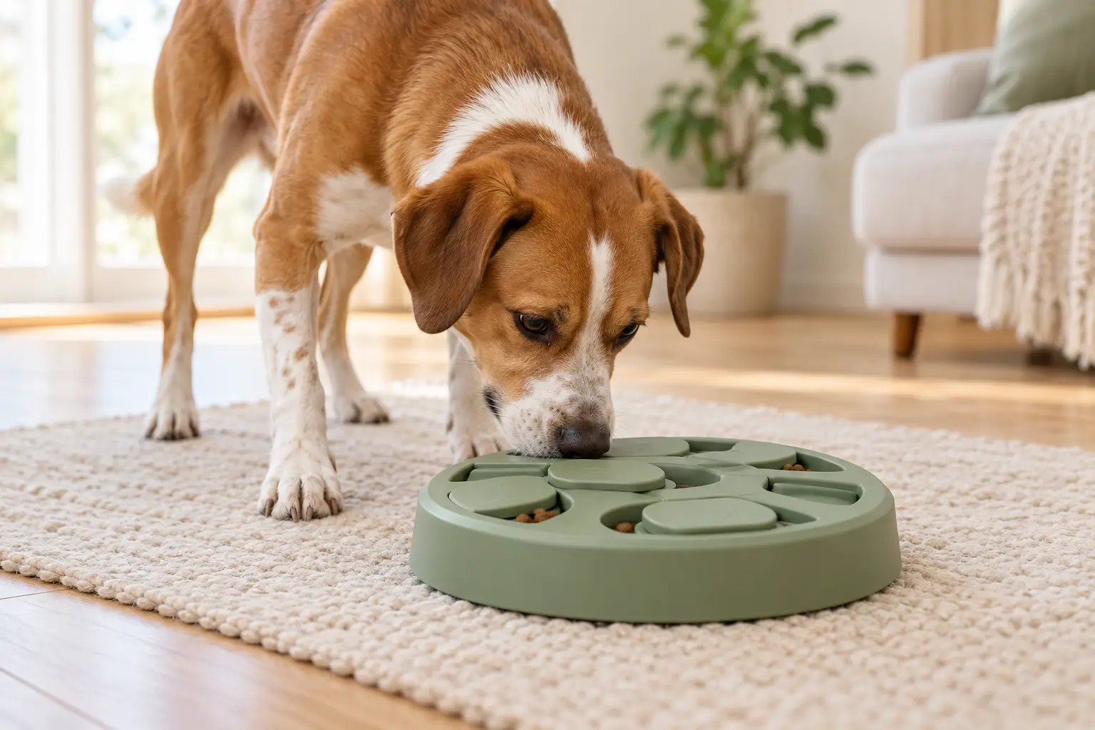 Dog exploring an enrichment toy in a calm indoor setting.